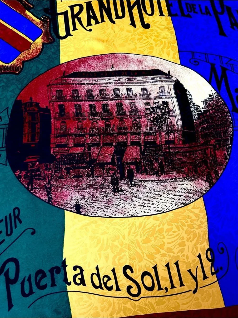 Ellen Tracy Silk Jacquard Scarf Grand Hotel De La Paix Madrid Travel Print Vtg